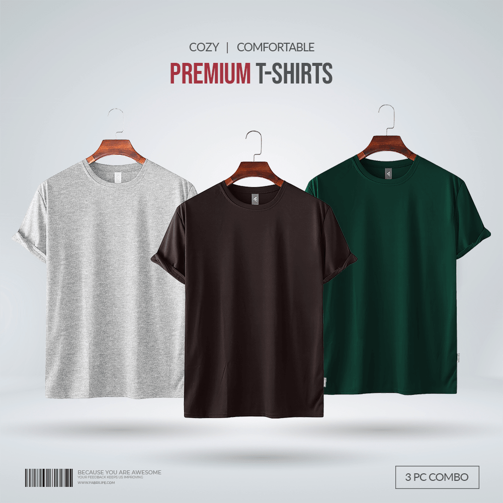 Fabrilife Men's Premium 100% Cotton Blank T-Shirt - Gray Mellange, Chocolate, Green